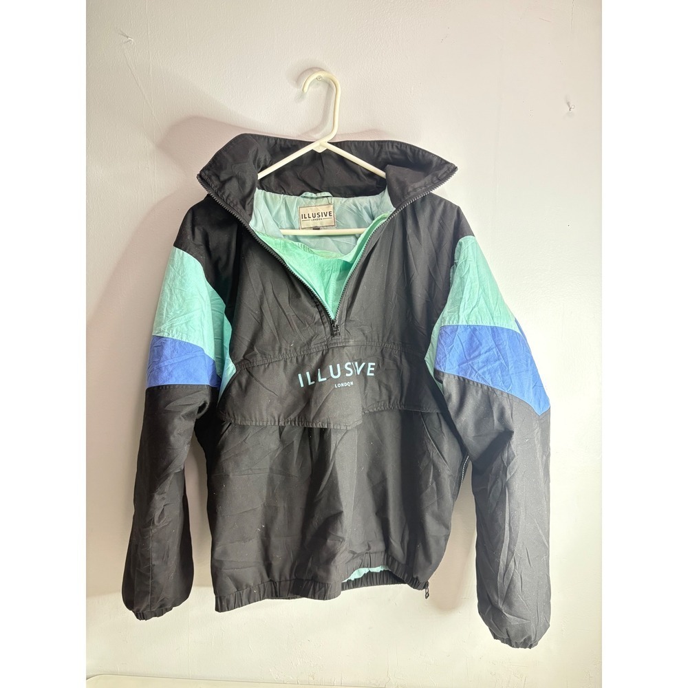 ILLUSIVE LONDON Colorblock Pullover Anorak Jacket Hooded Teal Blue Black Size S